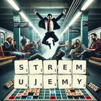 Kreatywna ilustracja do gry w Scrabble ze słowem STREMUJEMY ułożonym z płytek na planszy.