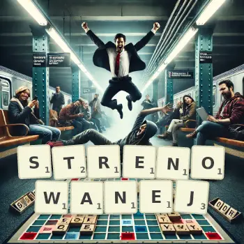 Kreatywna ilustracja do gry w Scrabble ze słowem STRENOWANEJ ułożonym z płytek na planszy.