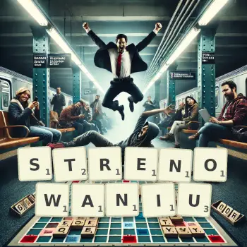 Kreatywna ilustracja do gry w Scrabble ze słowem STRENOWANIU ułożonym z płytek na planszy.