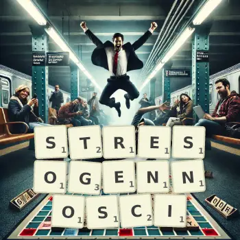 Kreatywna ilustracja do gry w Scrabble ze słowem STRESOGENNOSCI ułożonym z płytek na planszy.