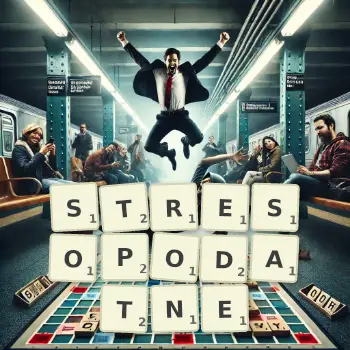 Kreatywna ilustracja do gry w Scrabble ze słowem STRESOPODATNE ułożonym z płytek na planszy.