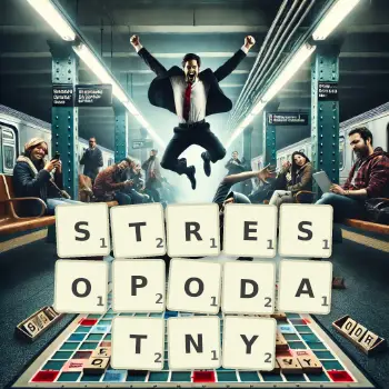 Kreatywna ilustracja do gry w Scrabble ze słowem STRESOPODATNY ułożonym z płytek na planszy.