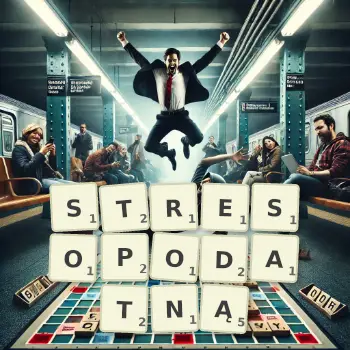 Kreatywna ilustracja do gry w Scrabble ze słowem STRESOPODATNĄ ułożonym z płytek na planszy.