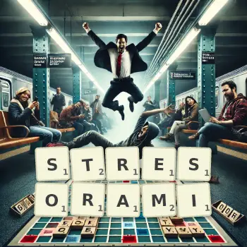 Kreatywna ilustracja do gry w Scrabble ze słowem STRESORAMI ułożonym z płytek na planszy.