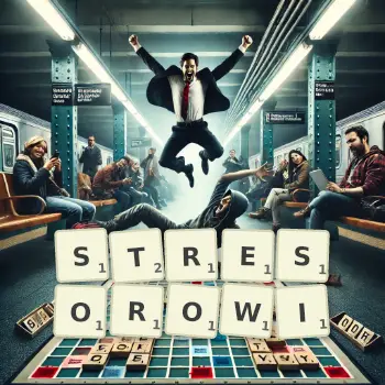 Kreatywna ilustracja do gry w Scrabble ze słowem STRESOROWI ułożonym z płytek na planszy.