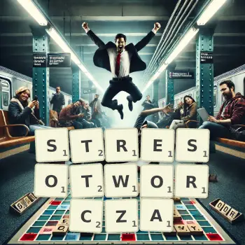 Kreatywna ilustracja do gry w Scrabble ze słowem STRESOTWORCZA ułożonym z płytek na planszy.