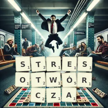 Kreatywna ilustracja do gry w Scrabble ze słowem STRESOTWÓRCZA ułożonym z płytek na planszy.