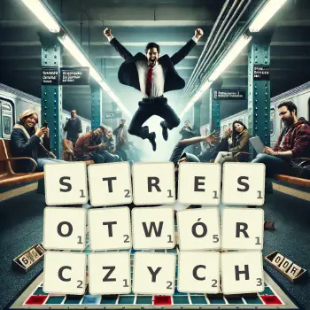 Kreatywna ilustracja do gry w Scrabble ze słowem STRESOTWÓRCZYCH ułożonym z płytek na planszy.