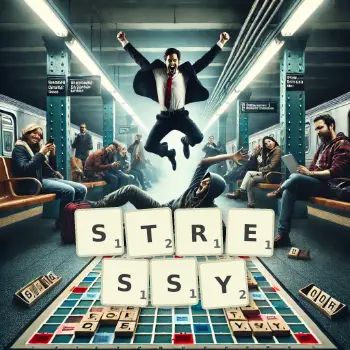 Kreatywna ilustracja do gry w Scrabble ze słowem STRESSY ułożonym z płytek na planszy.