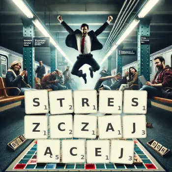 Kreatywna ilustracja do gry w Scrabble ze słowem STRESZCZAJĄCEJ ułożonym z płytek na planszy.