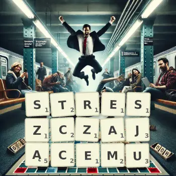 Kreatywna ilustracja do gry w Scrabble ze słowem STRESZCZAJĄCEMU ułożonym z płytek na planszy.