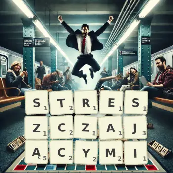 Kreatywna ilustracja do gry w Scrabble ze słowem STRESZCZAJĄCYMI ułożonym z płytek na planszy.
