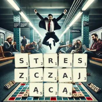 Kreatywna ilustracja do gry w Scrabble ze słowem STRESZCZAJĄCĄ ułożonym z płytek na planszy.