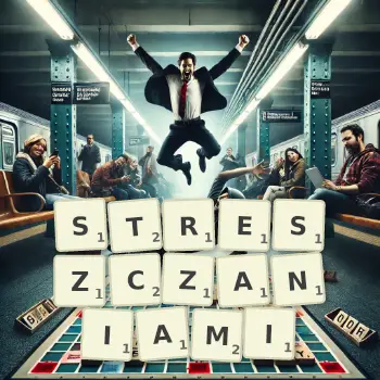 Kreatywna ilustracja do gry w Scrabble ze słowem STRESZCZANIAMI ułożonym z płytek na planszy.