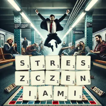 Kreatywna ilustracja do gry w Scrabble ze słowem STRESZCZENIAMI ułożonym z płytek na planszy.