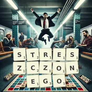 Kreatywna ilustracja do gry w Scrabble ze słowem STRESZCZONEGO ułożonym z płytek na planszy.