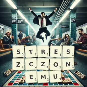 Kreatywna ilustracja do gry w Scrabble ze słowem STRESZCZONEMU ułożonym z płytek na planszy.