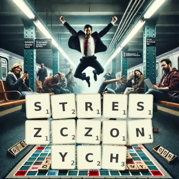 Kreatywna ilustracja do gry w Scrabble ze słowem STRESZCZONYCH ułożonym z płytek na planszy.