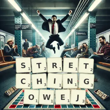 Kreatywna ilustracja do gry w Scrabble ze słowem STRETCHINGOWEJ ułożonym z płytek na planszy.