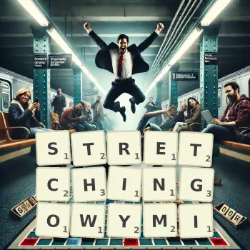 Kreatywna ilustracja do gry w Scrabble ze słowem STRETCHINGOWYMI ułożonym z płytek na planszy.