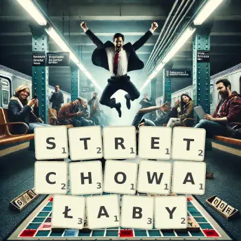 Kreatywna ilustracja do gry w Scrabble ze słowem STRETCHOWAŁABY ułożonym z płytek na planszy.