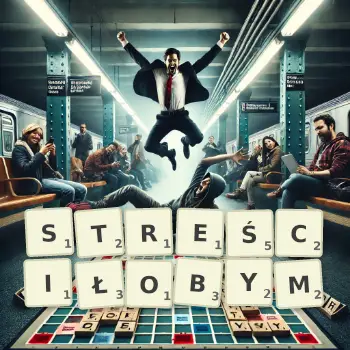 Kreatywna ilustracja do gry w Scrabble ze słowem STREŚCIŁOBYM ułożonym z płytek na planszy.