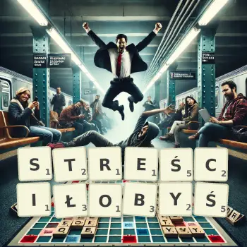 Kreatywna ilustracja do gry w Scrabble ze słowem STREŚCIŁOBYŚ ułożonym z płytek na planszy.