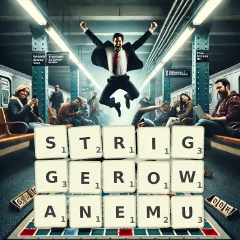 Kreatywna ilustracja do gry w Scrabble ze słowem STRIGGEROWANEMU ułożonym z płytek na planszy.