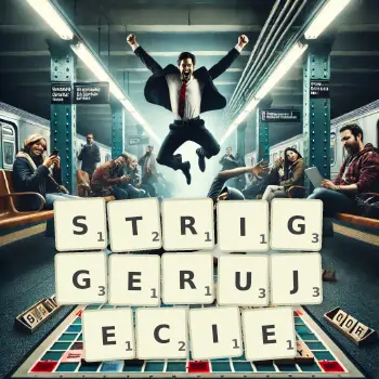 Kreatywna ilustracja do gry w Scrabble ze słowem STRIGGERUJECIE ułożonym z płytek na planszy.