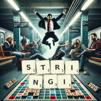 Kreatywna ilustracja do gry w Scrabble ze słowem STRINGI ułożonym z płytek na planszy.