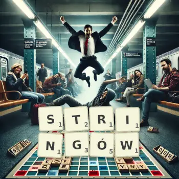 Kreatywna ilustracja do gry w Scrabble ze słowem STRINGÓW ułożonym z płytek na planszy.