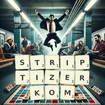 Kreatywna ilustracja do gry w Scrabble ze słowem STRIPTIZERKOM ułożonym z płytek na planszy.