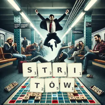Kreatywna ilustracja do gry w Scrabble ze słowem STRITÓW ułożonym z płytek na planszy.