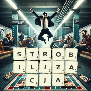 Kreatywna ilustracja do gry w Scrabble ze słowem STROBILIZACJA ułożonym z płytek na planszy.
