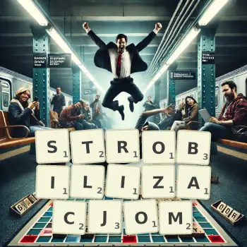 Kreatywna ilustracja do gry w Scrabble ze słowem STROBILIZACJOM ułożonym z płytek na planszy.