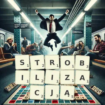 Kreatywna ilustracja do gry w Scrabble ze słowem STROBILIZACJĄ ułożonym z płytek na planszy.