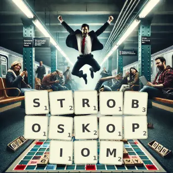 Kreatywna ilustracja do gry w Scrabble ze słowem STROBOSKOPIOM ułożonym z płytek na planszy.