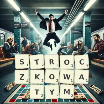Kreatywna ilustracja do gry w Scrabble ze słowem STROCZKOWATYM ułożonym z płytek na planszy.