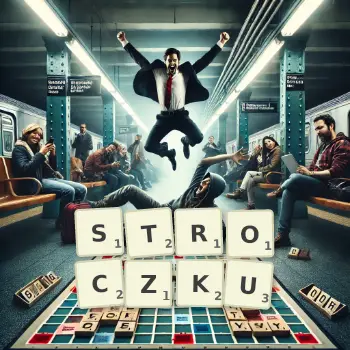 Kreatywna ilustracja do gry w Scrabble ze słowem STROCZKU ułożonym z płytek na planszy.