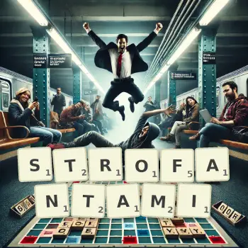 Kreatywna ilustracja do gry w Scrabble ze słowem STROFANTAMI ułożonym z płytek na planszy.