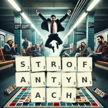 Kreatywna ilustracja do gry w Scrabble ze słowem STROFANTYNACH ułożonym z płytek na planszy.