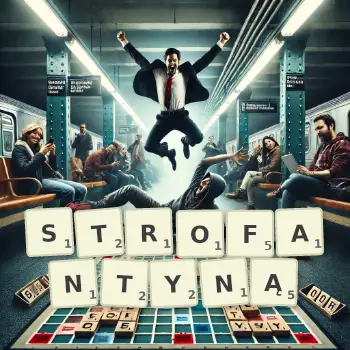Kreatywna ilustracja do gry w Scrabble ze słowem STROFANTYNĄ ułożonym z płytek na planszy.