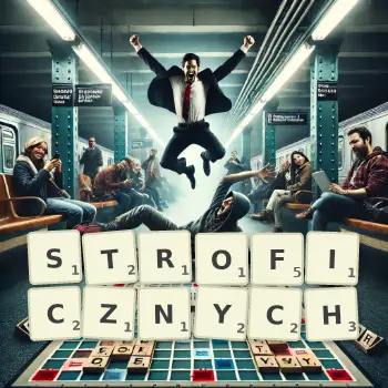 Kreatywna ilustracja do gry w Scrabble ze słowem STROFICZNYCH ułożonym z płytek na planszy.