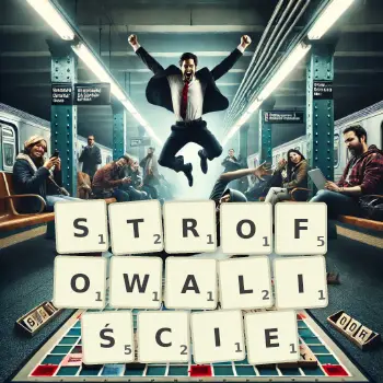 Kreatywna ilustracja do gry w Scrabble ze słowem STROFOWALIŚCIE ułożonym z płytek na planszy.