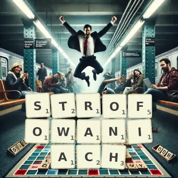 Kreatywna ilustracja do gry w Scrabble ze słowem STROFOWANIACH ułożonym z płytek na planszy.