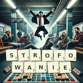 Kreatywna ilustracja do gry w Scrabble ze słowem STROFOWANIE ułożonym z płytek na planszy.