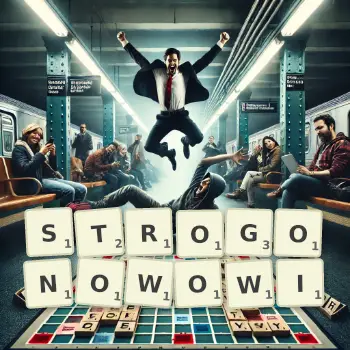 Kreatywna ilustracja do gry w Scrabble ze słowem STROGONOWOWI ułożonym z płytek na planszy.