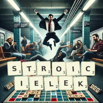 Kreatywna ilustracja do gry w Scrabble ze słowem STROICIELEK ułożonym z płytek na planszy.