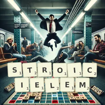 Kreatywna ilustracja do gry w Scrabble ze słowem STROICIELEM ułożonym z płytek na planszy.