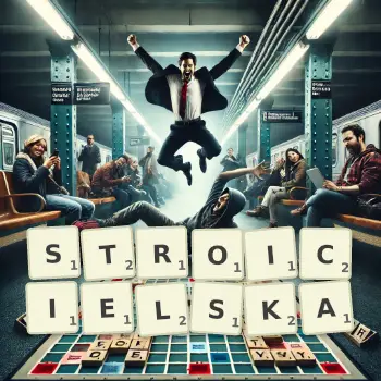 Kreatywna ilustracja do gry w Scrabble ze słowem STROICIELSKA ułożonym z płytek na planszy.